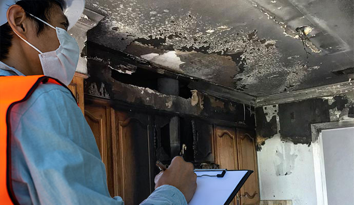 Contractor inspecting fire damage